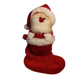 Santa Claus Climbing Out Of Red Soft Plush Christmas Stocking Whimsical Vtg READ